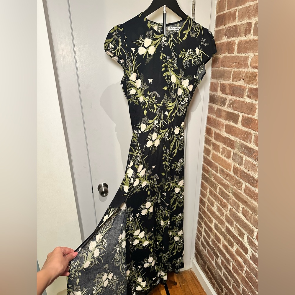 Reformation Black Midi Dress with Floral Print & Open Back